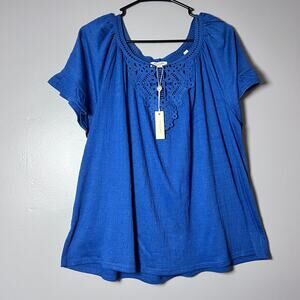 Max Studio 2X Cobalt Lace Yoke Peasant Top NWT Boho Short Sleeve Blouse Tunic